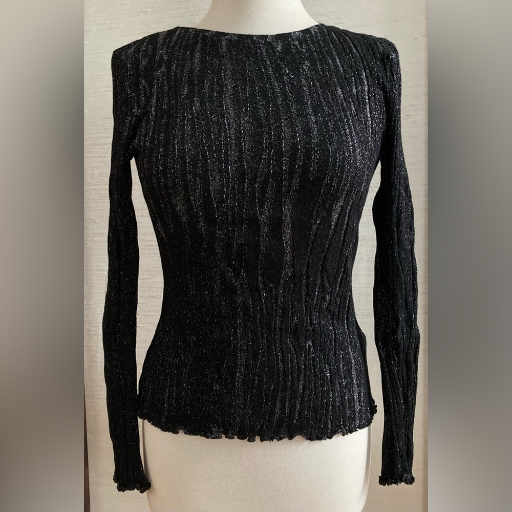 NWT C&A Black Silver Glitter Cotton Blend Rib Knit Lettuce Hem Eveningwear Top M
